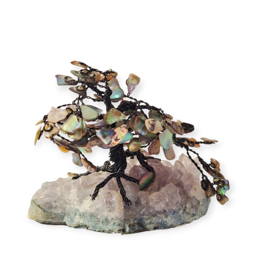 Vtg Stone & Abalone Shell Wire Asian Art Sculpture Tree‎ of Life Figurine Signed